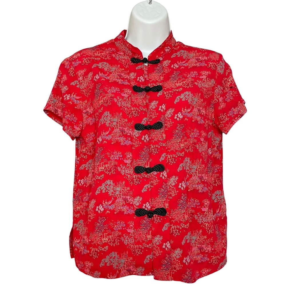 Vintage 90s Oriental Print Top Women FLAWS Red Frog Button Mandarin Collar Rayon